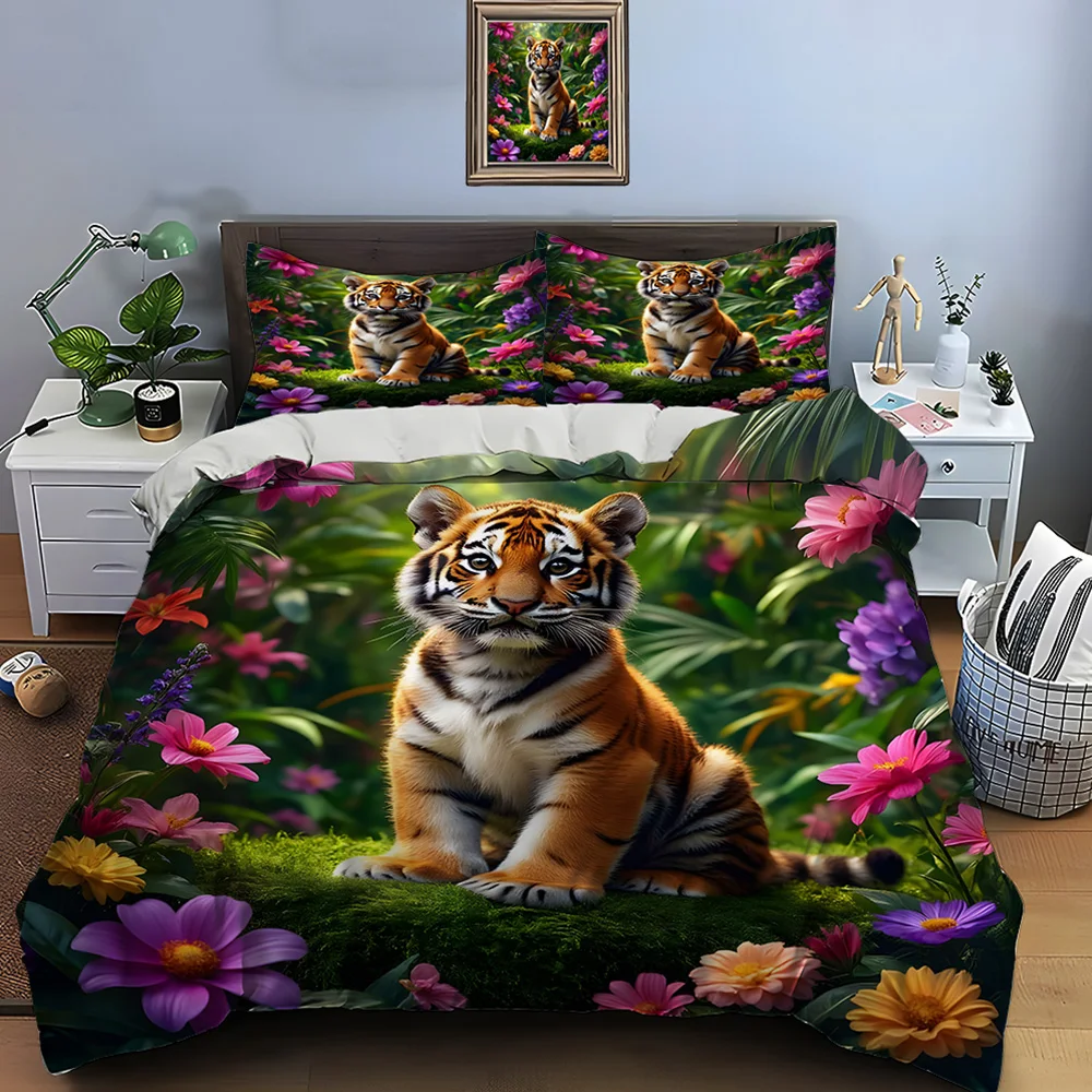 

Tiger cub amidst vibrant flowers Print Soft Comfortable Duvet Cover Bedding Set Included 1*Duvet Cover 2*Pillowcases