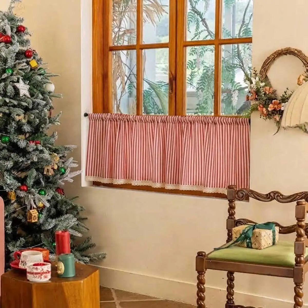 1PC Striped Window Valance, Rod Pocket Lace Edge Kitchen Curtain for Christmas Farmhouse Decor