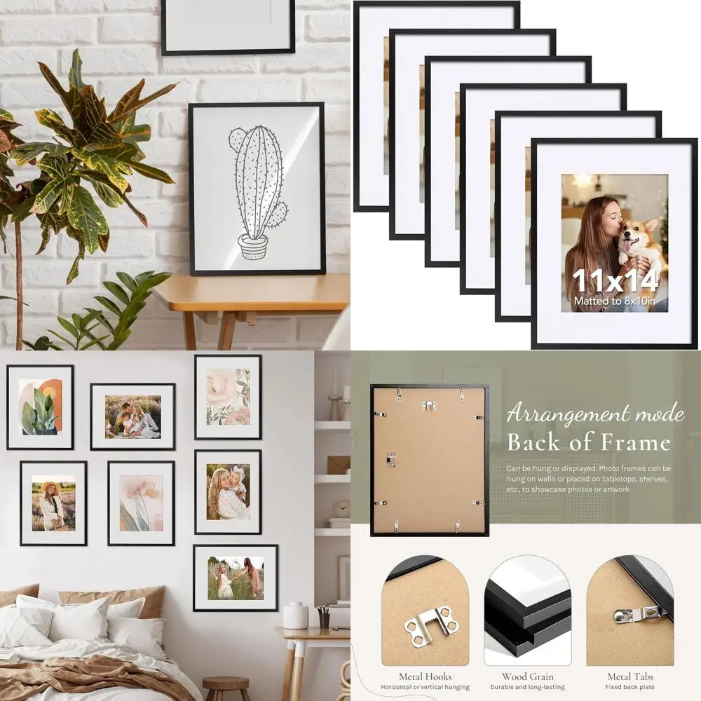 

Set of 6 Black Picture Frames, 11x14 for 8x10 Photos, Wall or Table Display