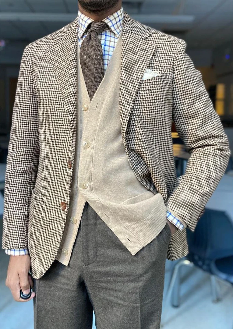 Blazer setelan pernikahan baru untuk pria berlekuk kerah Houndstooth pengantin pria pakaian Slim Fit mantel bisnis jaket khusus buatan khusus