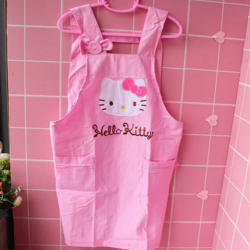 Sanrio Hello Kitty Pink Apron Kawaii Anime Figures Korean Version Adjustable Sleeveless Pocket Kitchen Supplies Tool Adult Women