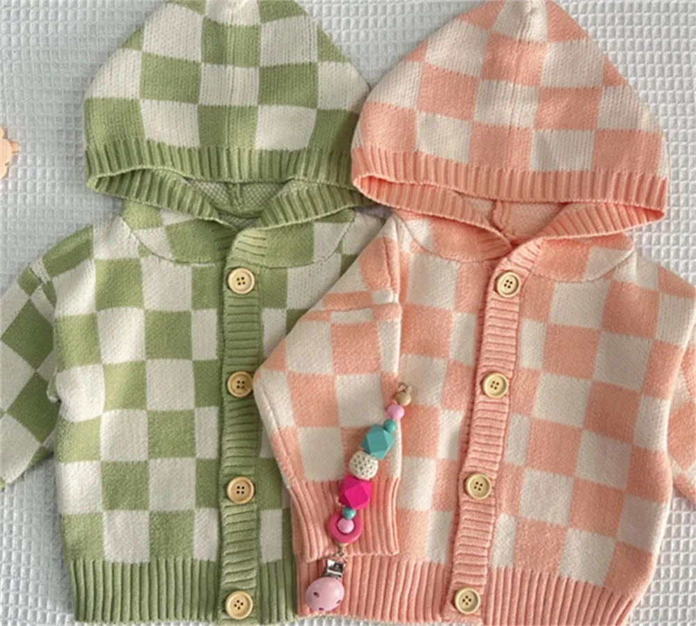 Winter Children Girls Checkerboard Sweater Casual Hooded Cardigan Tops