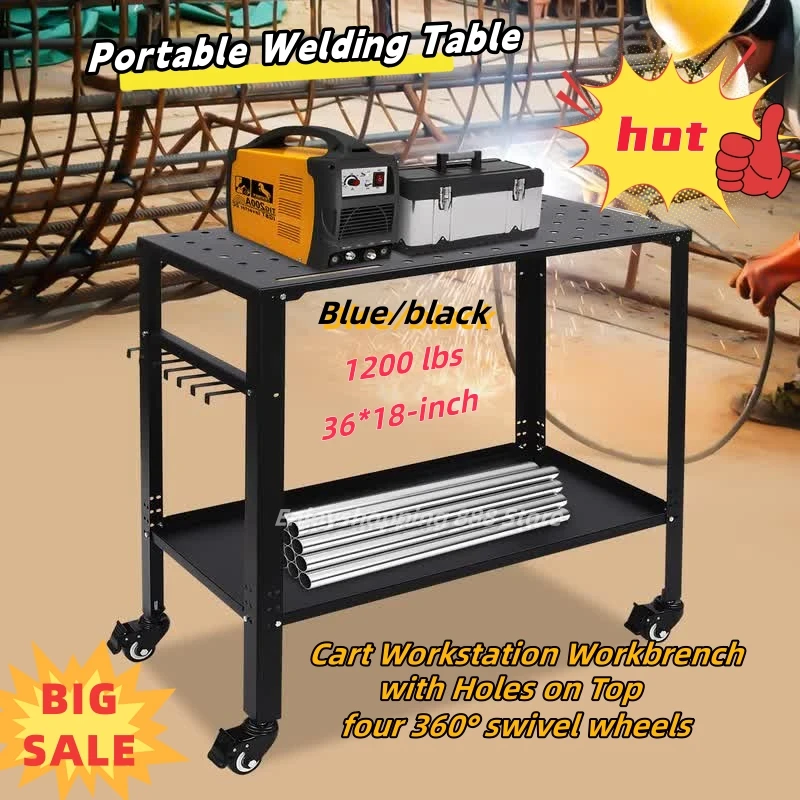 36''×18'' Portable Welding Table Cart Workstation Workbrench with Holes on Top Blue/black