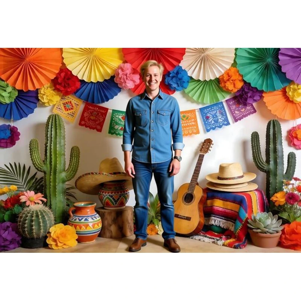 Mexico Cinco de Mayo Backdrop Colorful Flag Straw Hat Guitar Fiesta Party Decor Photography Background Banner Photo Studio