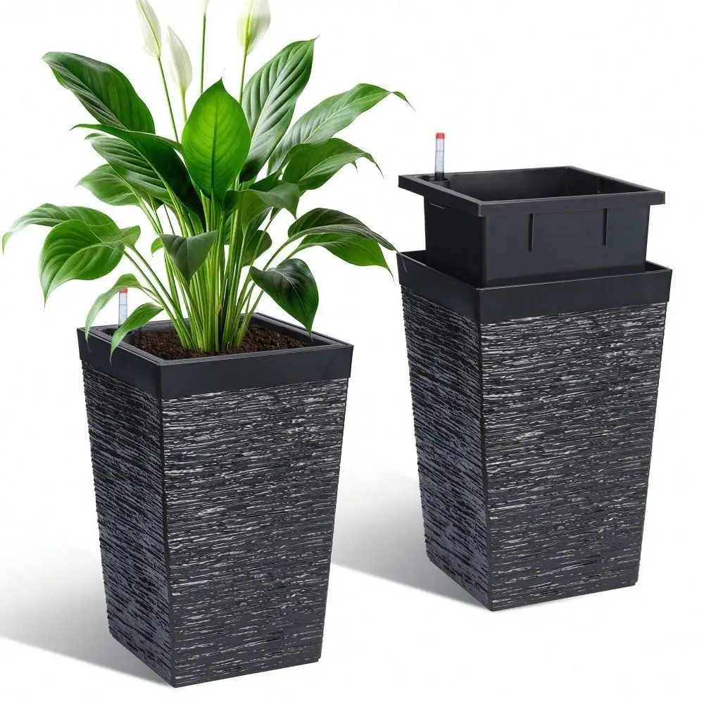 

16 Tall Planters Set Of 2, SelfWatering Outdoor Indoor Plant Pots With Drainage Holes, Water Level Monitor BuiltIn Handle, Larg