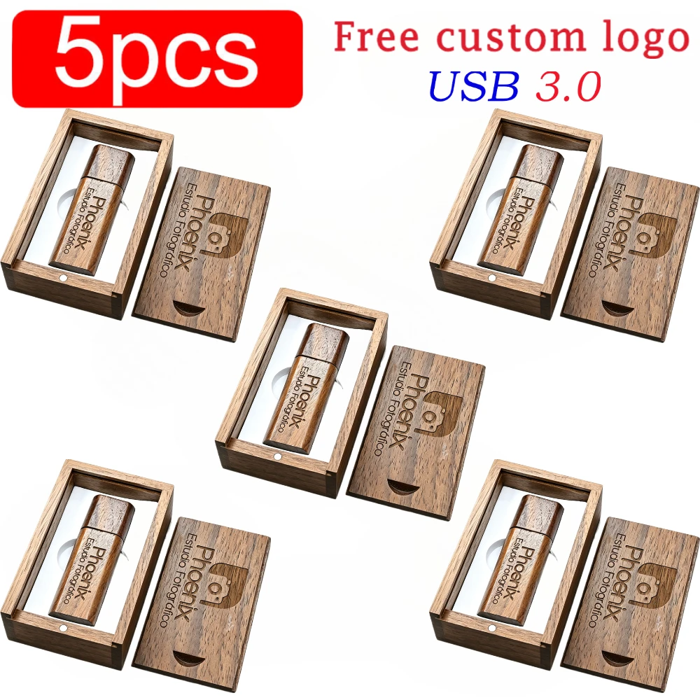 5 PCS LOT Wooden Box USB Flash Drive USB 3.0 Free Custom Logo Pen Drive 128GB 64GB 32GB Memory Stick Photography Wedding Gifts