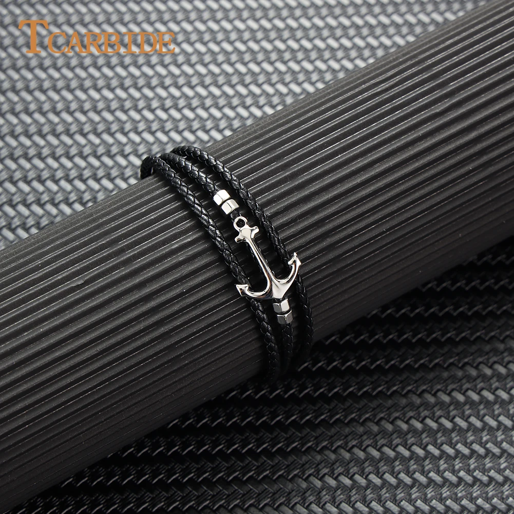 Punk Stainless Steel Anchor Accessories Hand-woven Leather Bracelet Bangles for Men Fashion Gift Jewelry