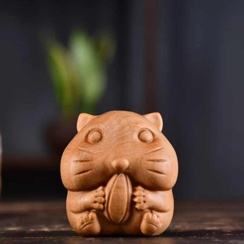1PC Arborvitae Sunflower Seed Mouse Pocket Art Piece Adorable Cartoon Pet Creative Wood Carving Ornament Wooden Hamster Figurine