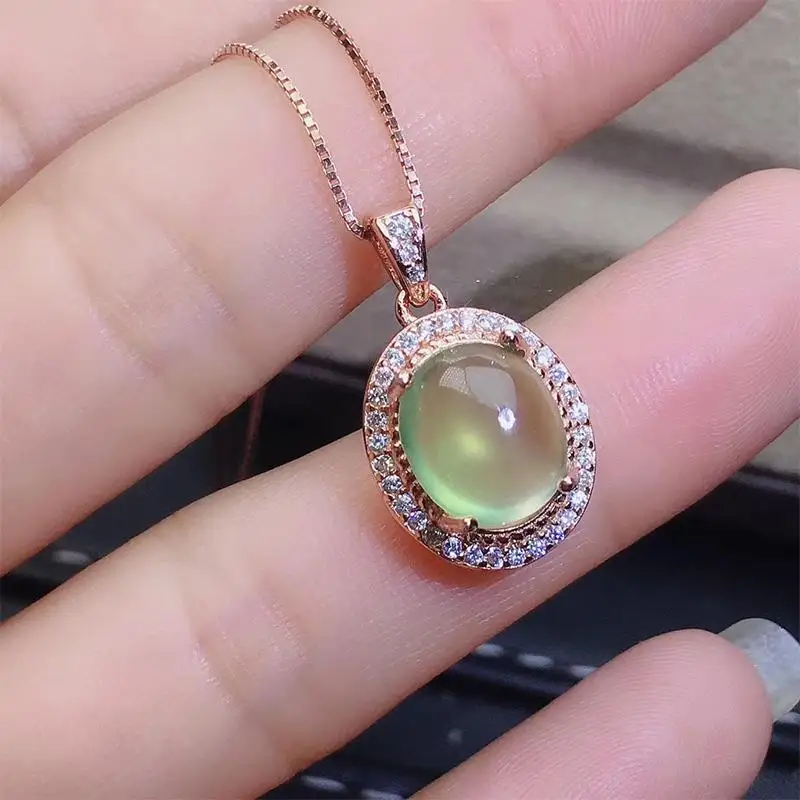 Original design green prehnite oval diamond-set opening adjustable light luxury sparkling charm women's silver brand jewelry