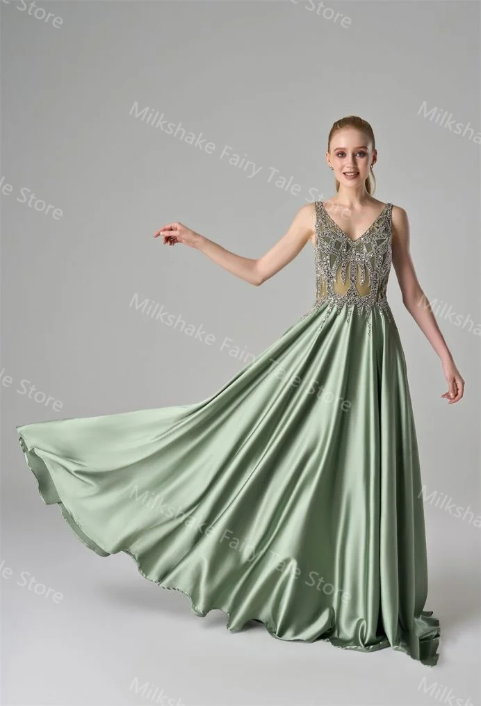 Green A Line Evening Dresses Glitter Lace Beads Sleeveless Prom Gowns V Neck Floor Length Customized Wedding Guest Gowns