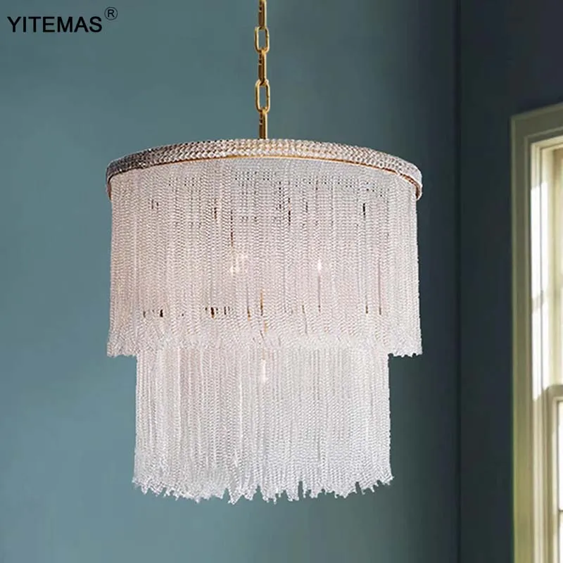 Romantic rolled bead curtain crystal full copper chandelier French heavy industry Europe and the United States wind light luxury