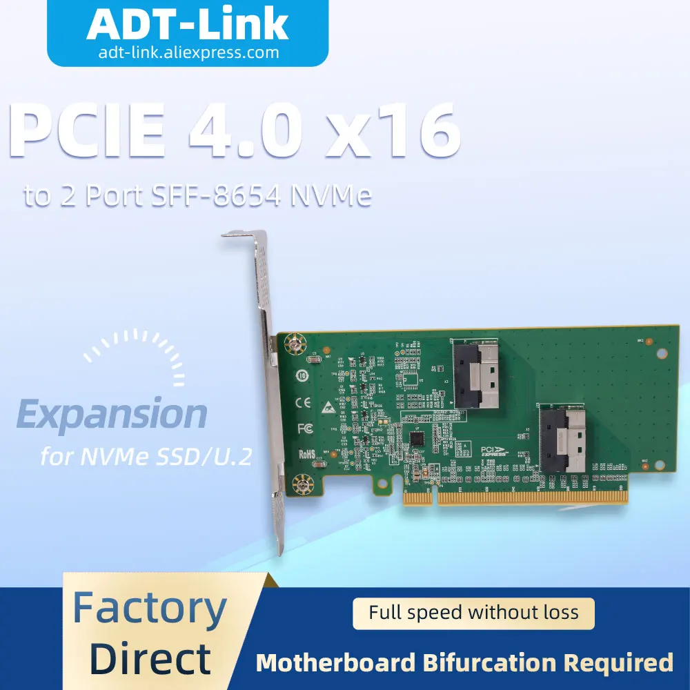2 Port SFF-8654 NVMe to PCIe 4.0 X16 Expansion Adapter Card Internal SSD Controller Need Mainboard Bifurcation for Server