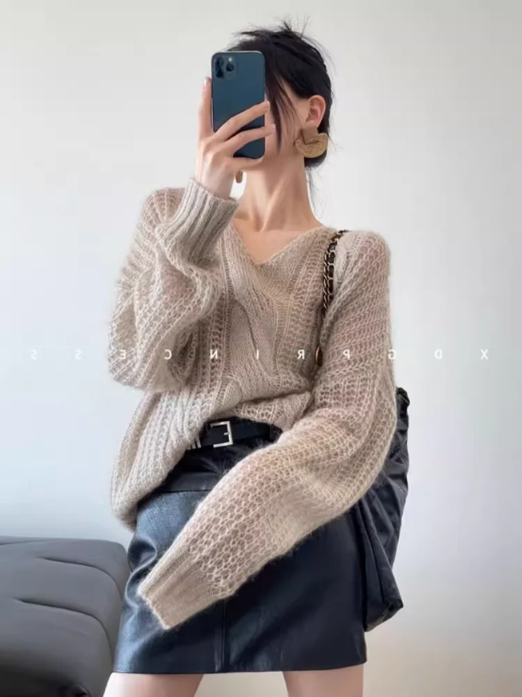 Lazy Style Mohair Hollow Knitwear For Women In Spring And Autumn Senior Feeling V-Neck Fried Dough Twists Loose Sweater