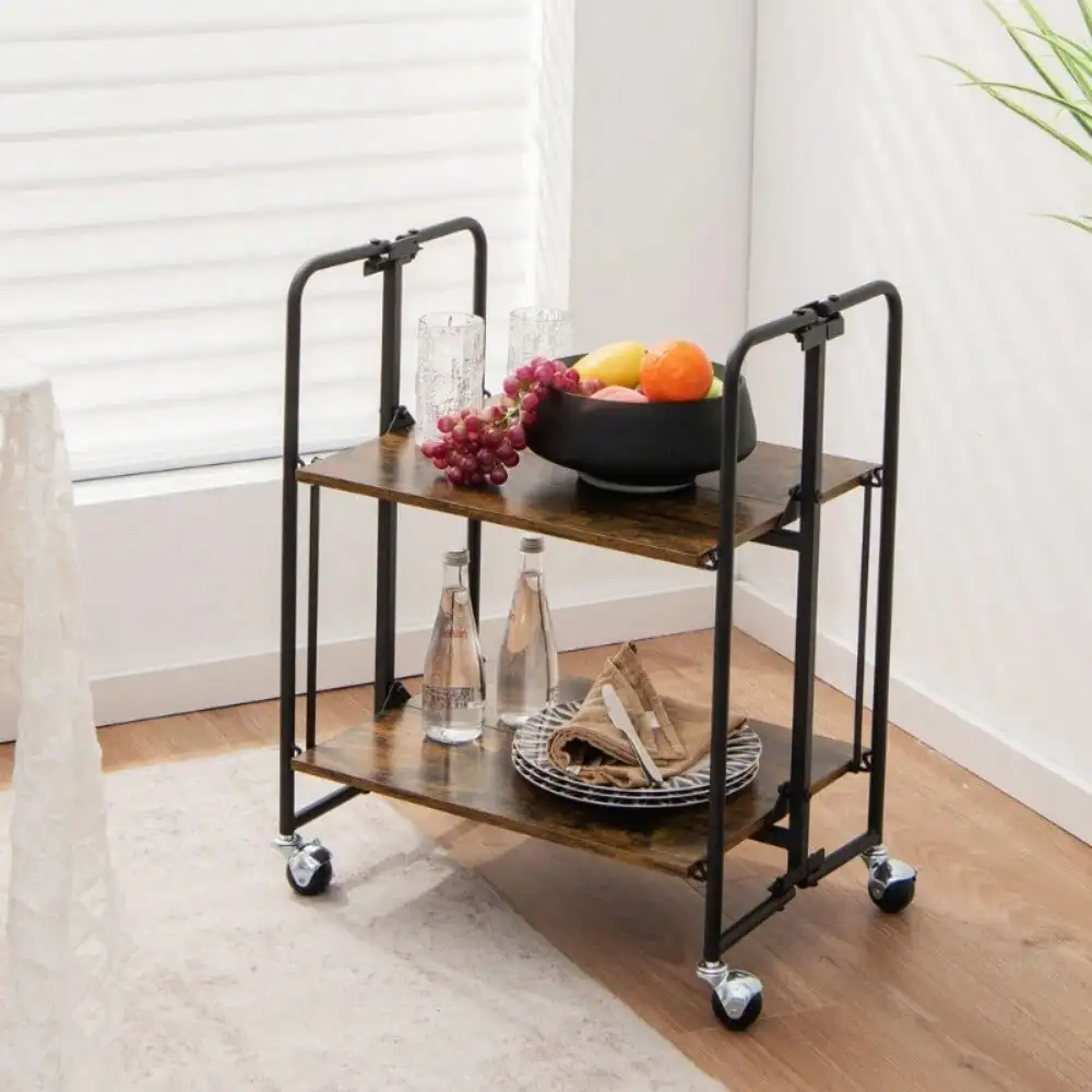 2-Tier Folding Rolling Cart Kitchen Serving Island Utility Storage Organizer