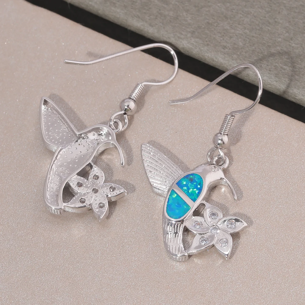 CiNily Created Blue/Orange Fire Opal Earrings Silver Plated Cute Bird Shaped Earring for Women Jewelry Gifts Drop Earring 1 3/8