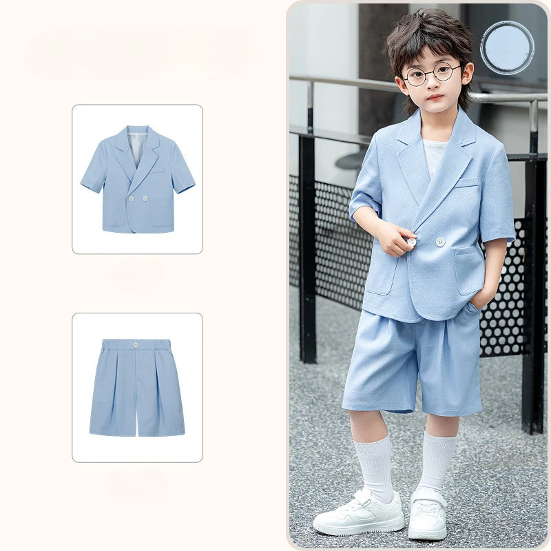 Summer Boys Suit Preppy Style Kids Clothing Set Short Sleeve Blazer Jacket linen Shorts Wedding Party Ring Bearer kids Outfits