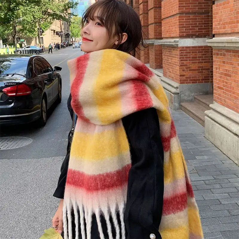 

Women Winter Scarf Thick Imitation Cashmere Wool Warm Shawls Wraps Long Tassel Pashmina Blanket Rainbow Thickened Warm Shawl