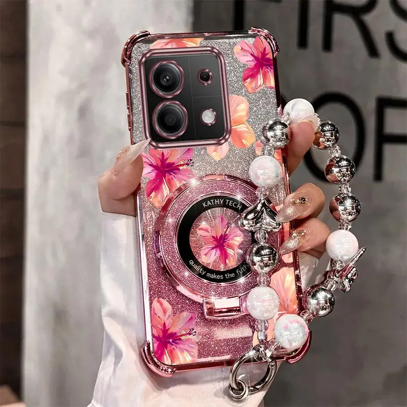 Image of Perle Strap Lanyard Glitter Rote Blume Telefon Halter Fall Für Xiaomi Redmi Hinweis 13 12 Pro Plus Redmi 12 13 12C 13C 4G 5G Abdeckung
