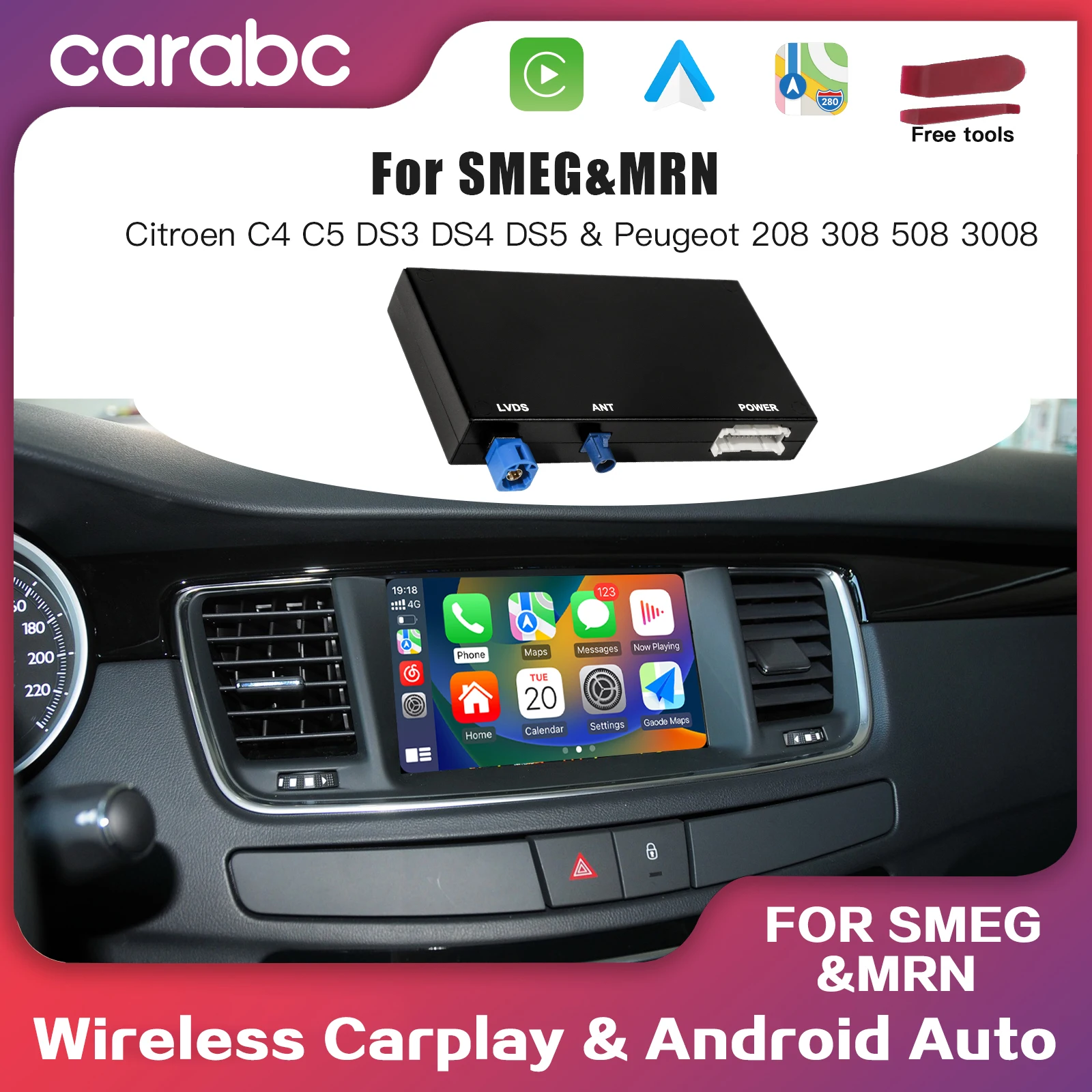 CARABC sans fil Apple Carplay Android Auto convient pour Peugeot & Citroren SMEG & MRN NAC 208 308 508 3008 & C4 DS3 DS4 DS5 caméra de recul