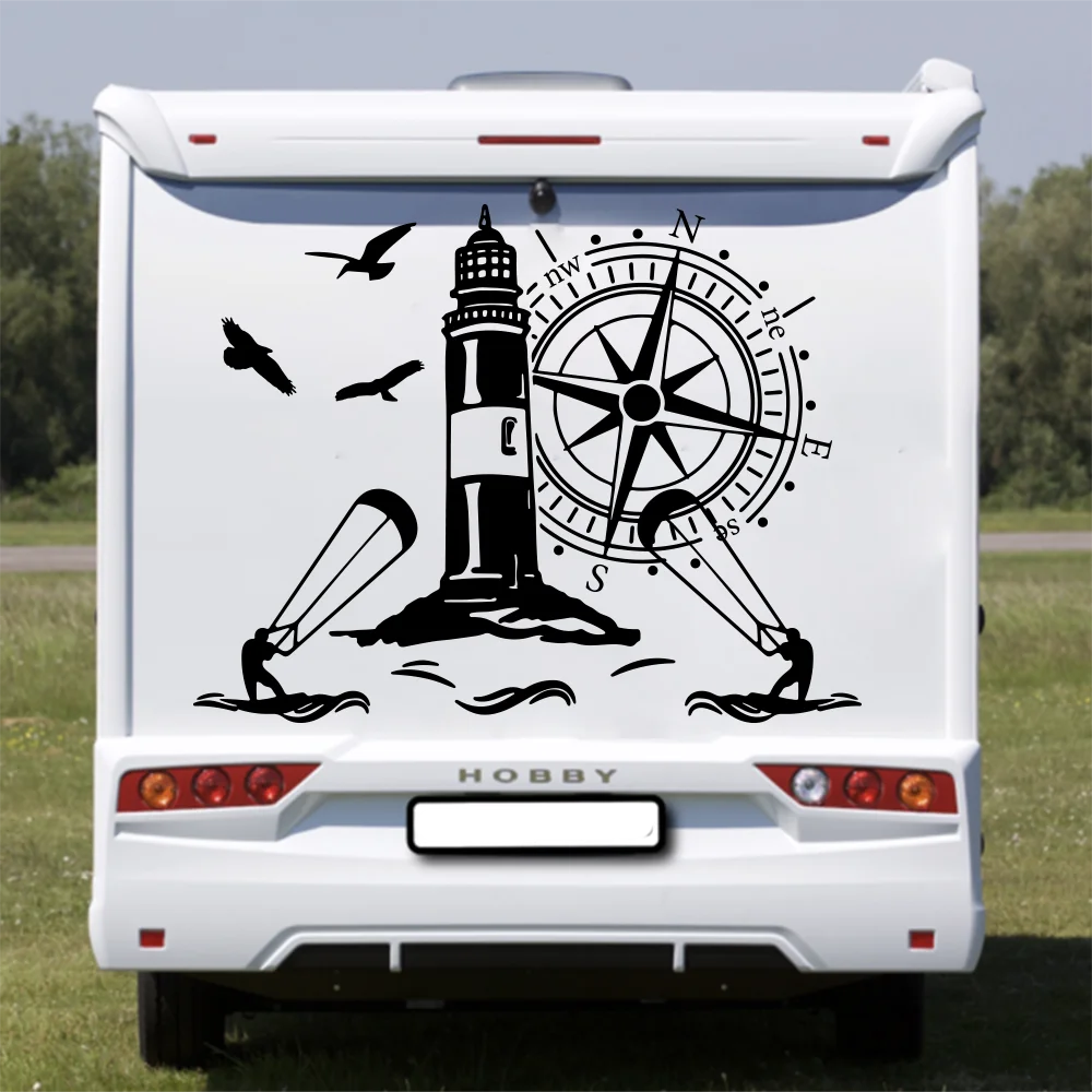 Large  Lighthouse Kitesurfer Wind Rose Camper RV Car Truck Sticker Decal Travel Motorhome Caravan Sedan Wagon Auto Vehicle