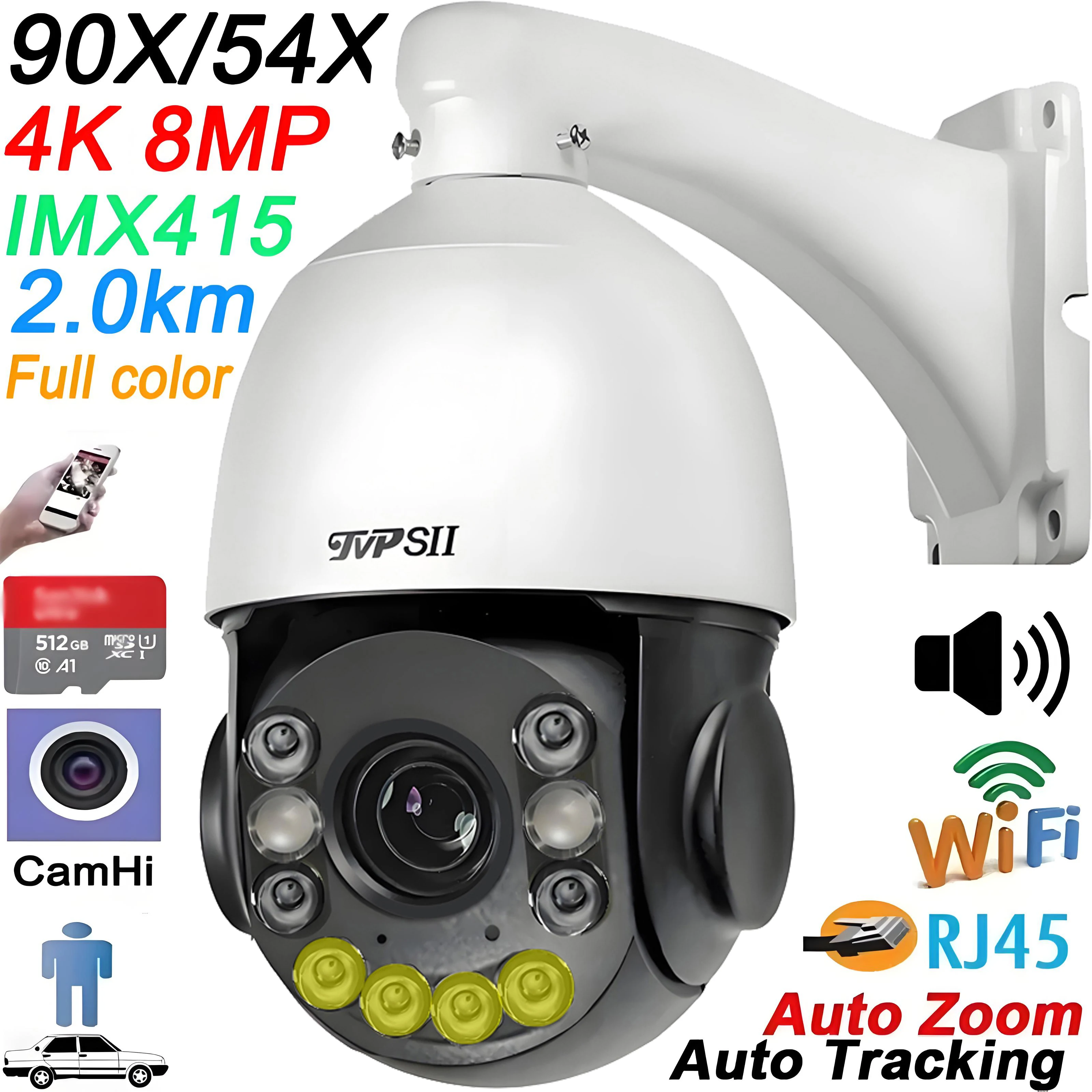 Max.512G Metal Full Color Camhi 8MP 4K 90X Optical Zoom Auto Tracking Audio 360° 2.4GHz 5GHz WIFI Rj45 PTZ Speed Dome IP Camera