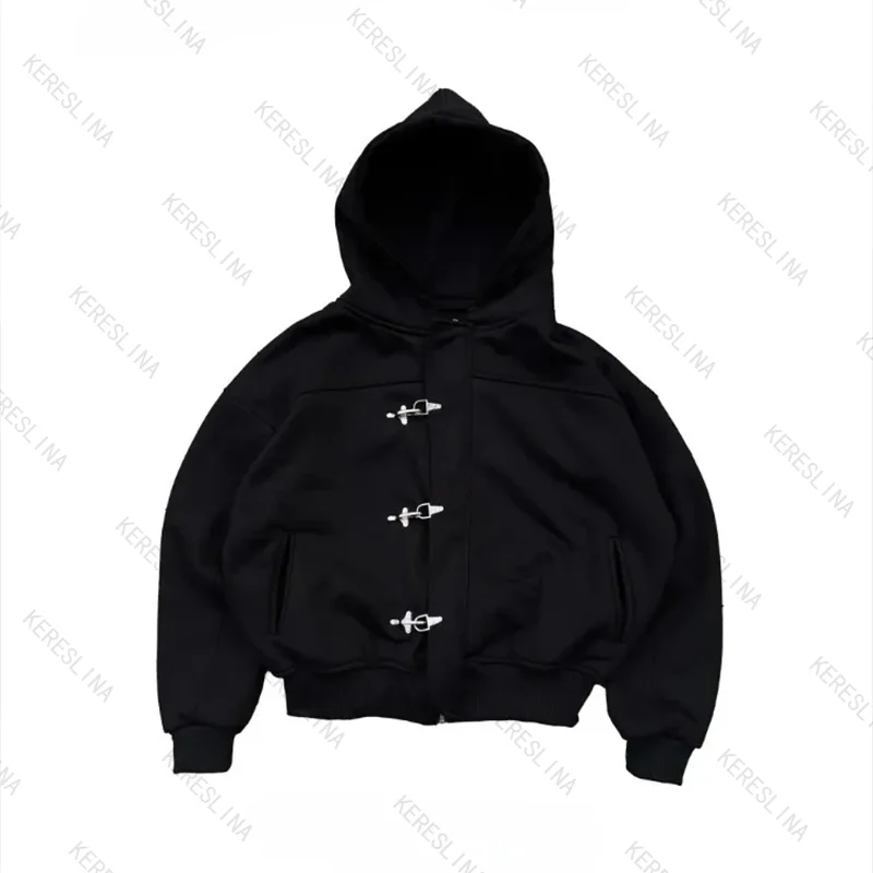 American street fashion trend chic button up hoodie black loose fitting men's and women's versatile long sleeved sweatshirt emo