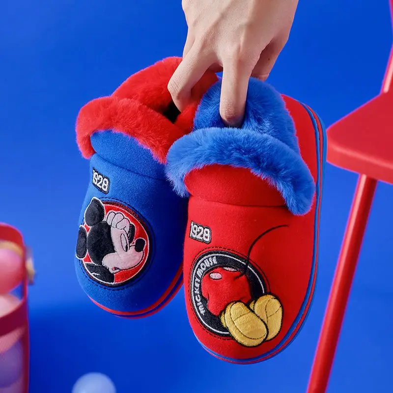 Disney Home Shoes Slipper For Childrens Mickey Mouse Winter Warm Cotton Red Blue Non-slip Indoor Shoes For Kids Size 15-18cm