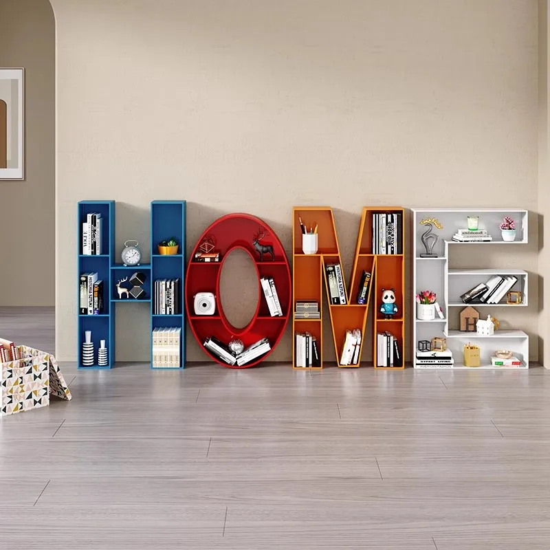 Creative iron lettering children's bookshelf floor shelf on the school wall English bookcase hanging on the wall