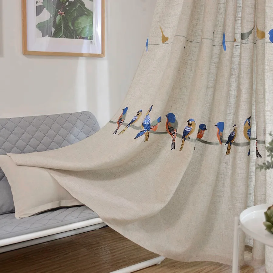 Embroidered Birds Curtains Tulle for Living Room  Linen Fabric Curtains Birds Cloth White Soild Voile Tulle WP432#HS