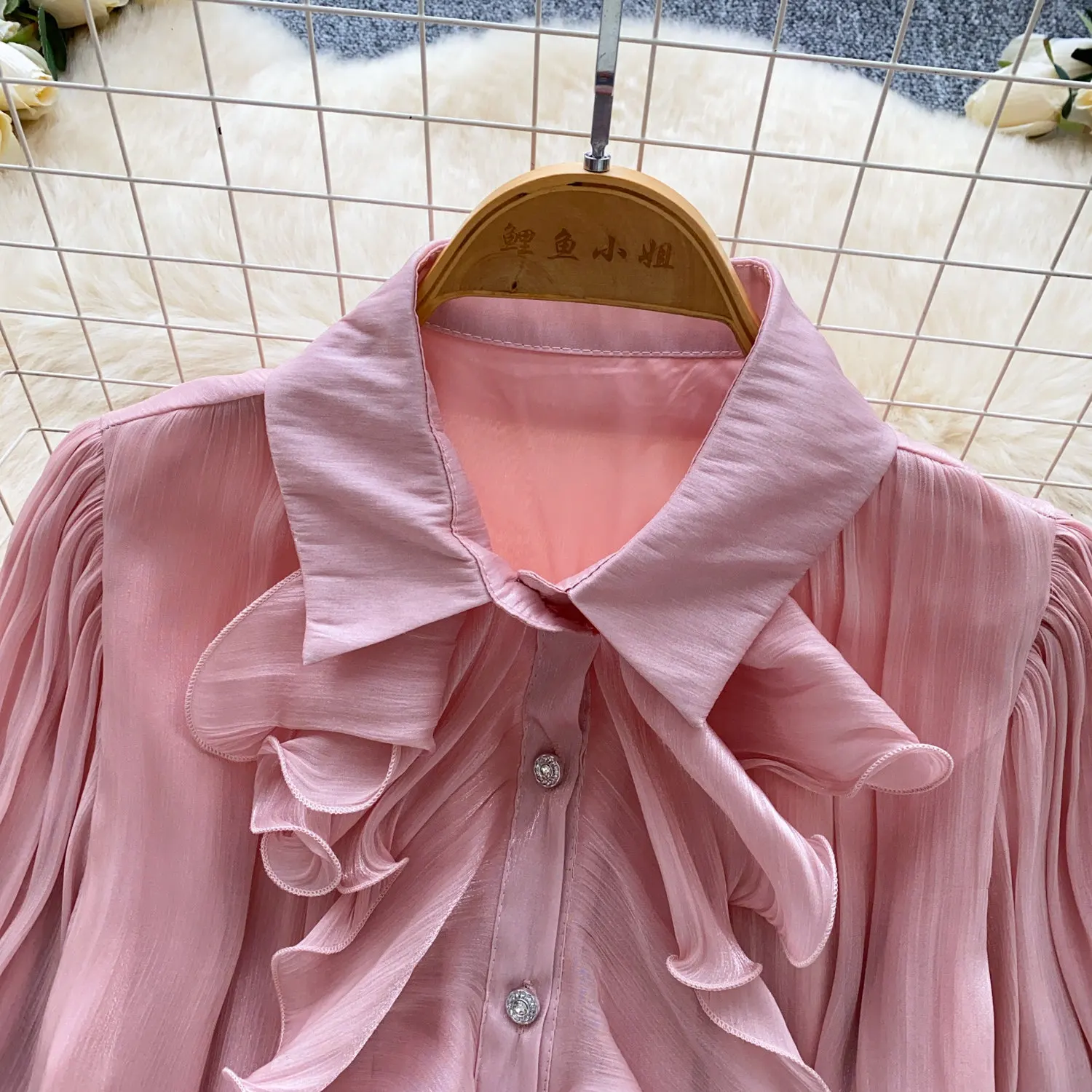 French Royal Style Blouse for Women Summer Satin Silk Short Sleeve Lantern Sleeve Ruffle Shirt Elegant Office Wear Female BL436 view 4