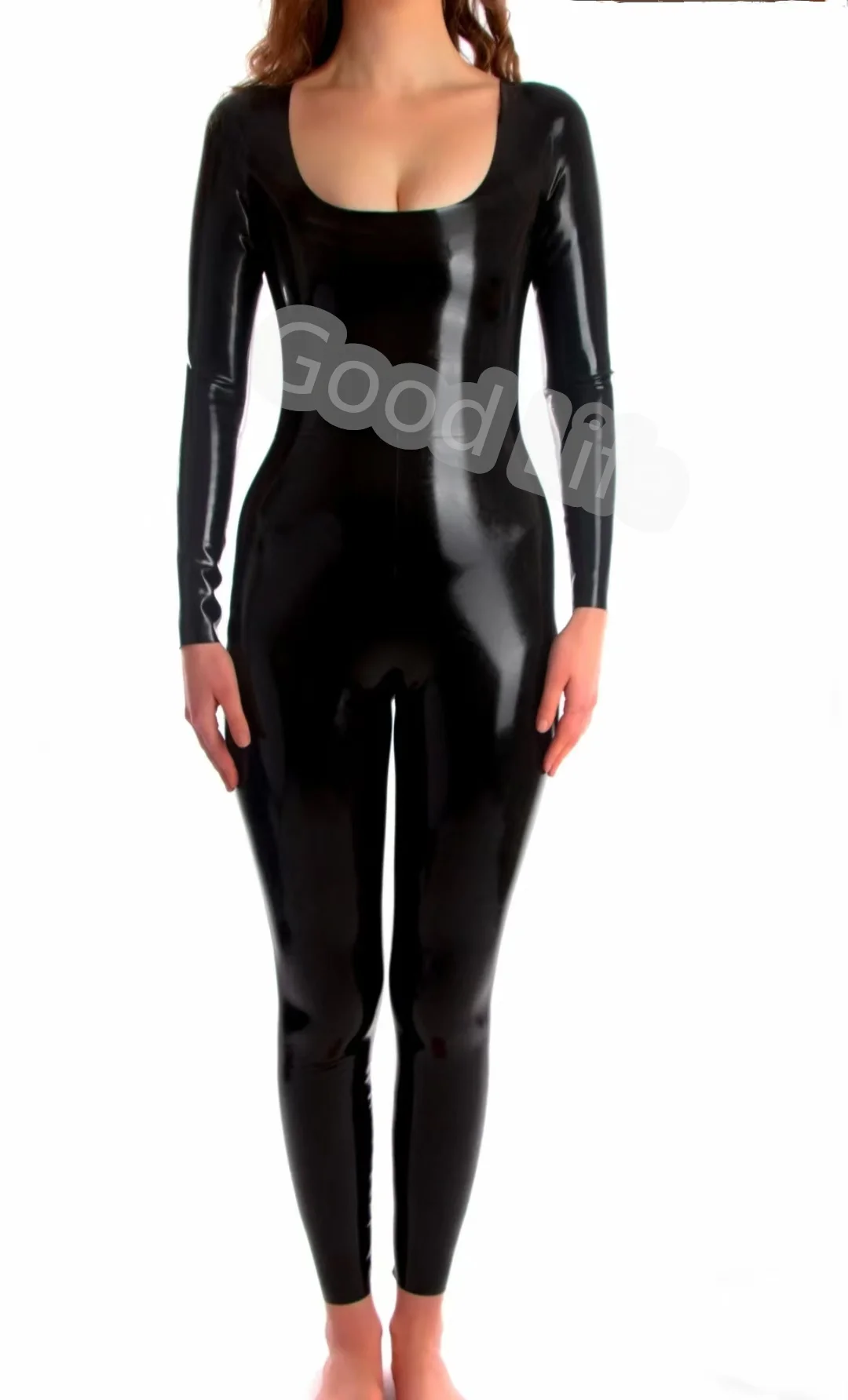 

Natural Latex Catsuit Plunge Neckline Woman Fetish Catsuit Rubber Gummi Sexy Club Wear Neck Entry Without Zipper Custom Made