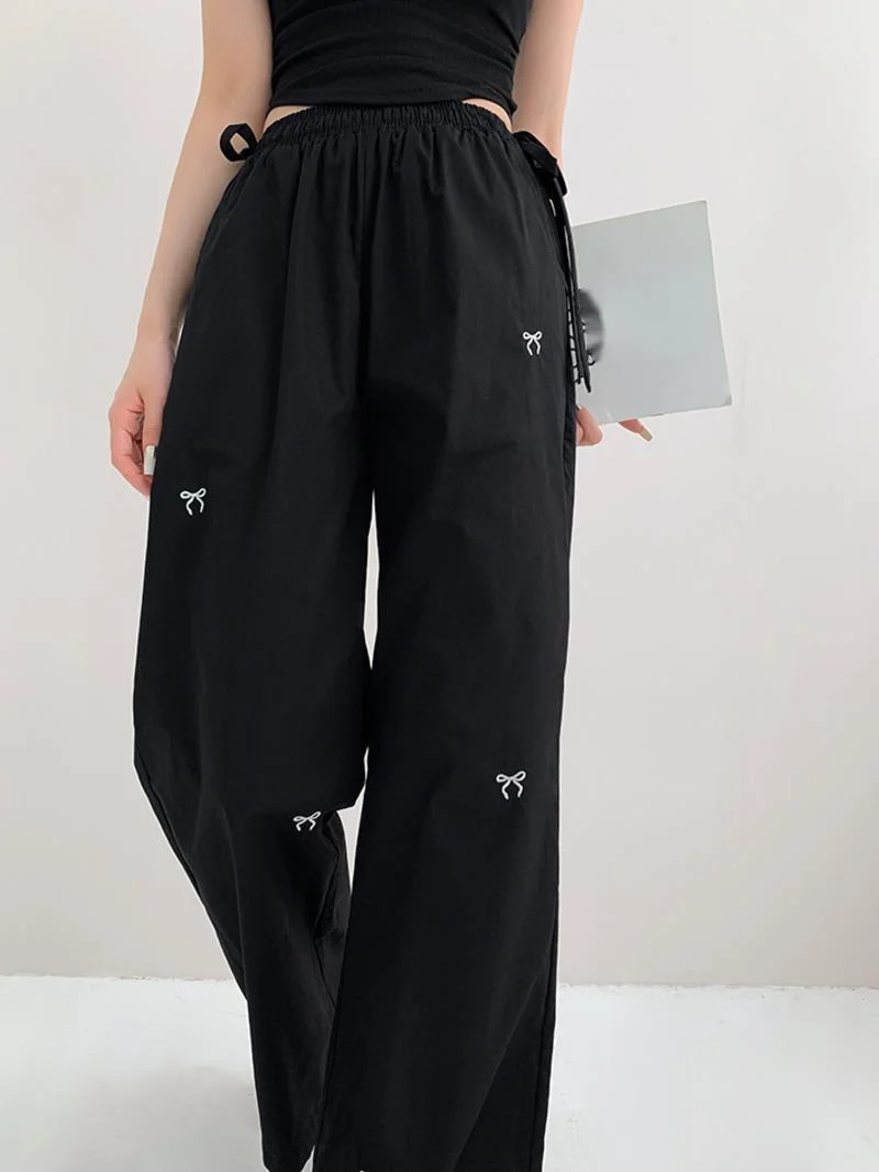 

Sweet Spicy Girl Summer Bow Embroidered Long Pants Women Drawstring Loose Straight Leg Cargo Floor Length Casual Pants F170