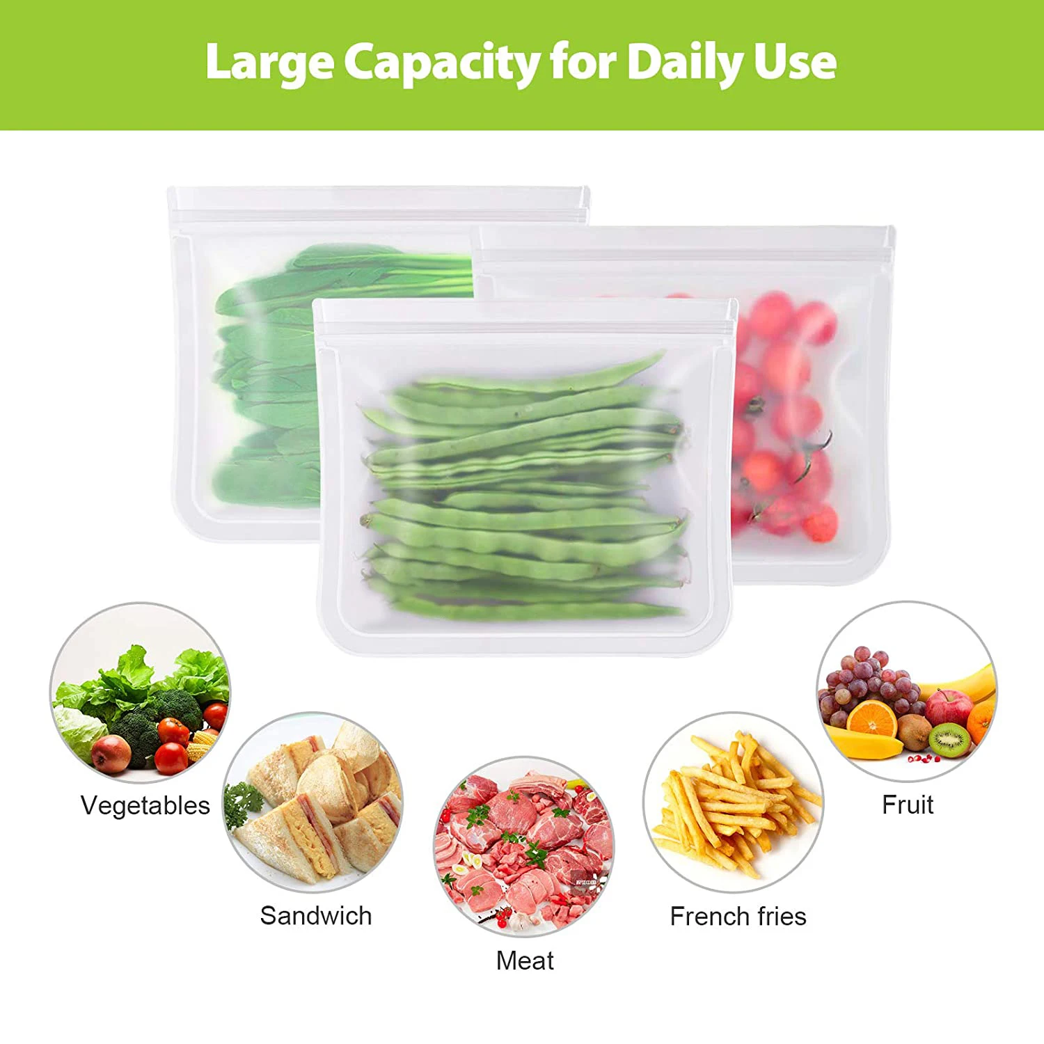 1/3/5pcs Reusable Food Storage Bag,Fresh Bags for Freezer Storage,Double Ziplock Seal Freezer Bags for Kitchen Organization