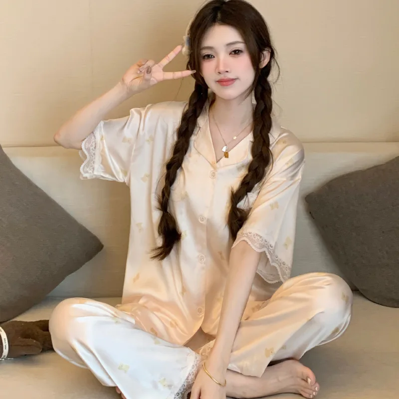 Ice Silk Pajamas Female Cute Wind Bear Summer New High-end Cartoon Short-sleeved Trousers Loungewear Summer Cool Satin Pyjama