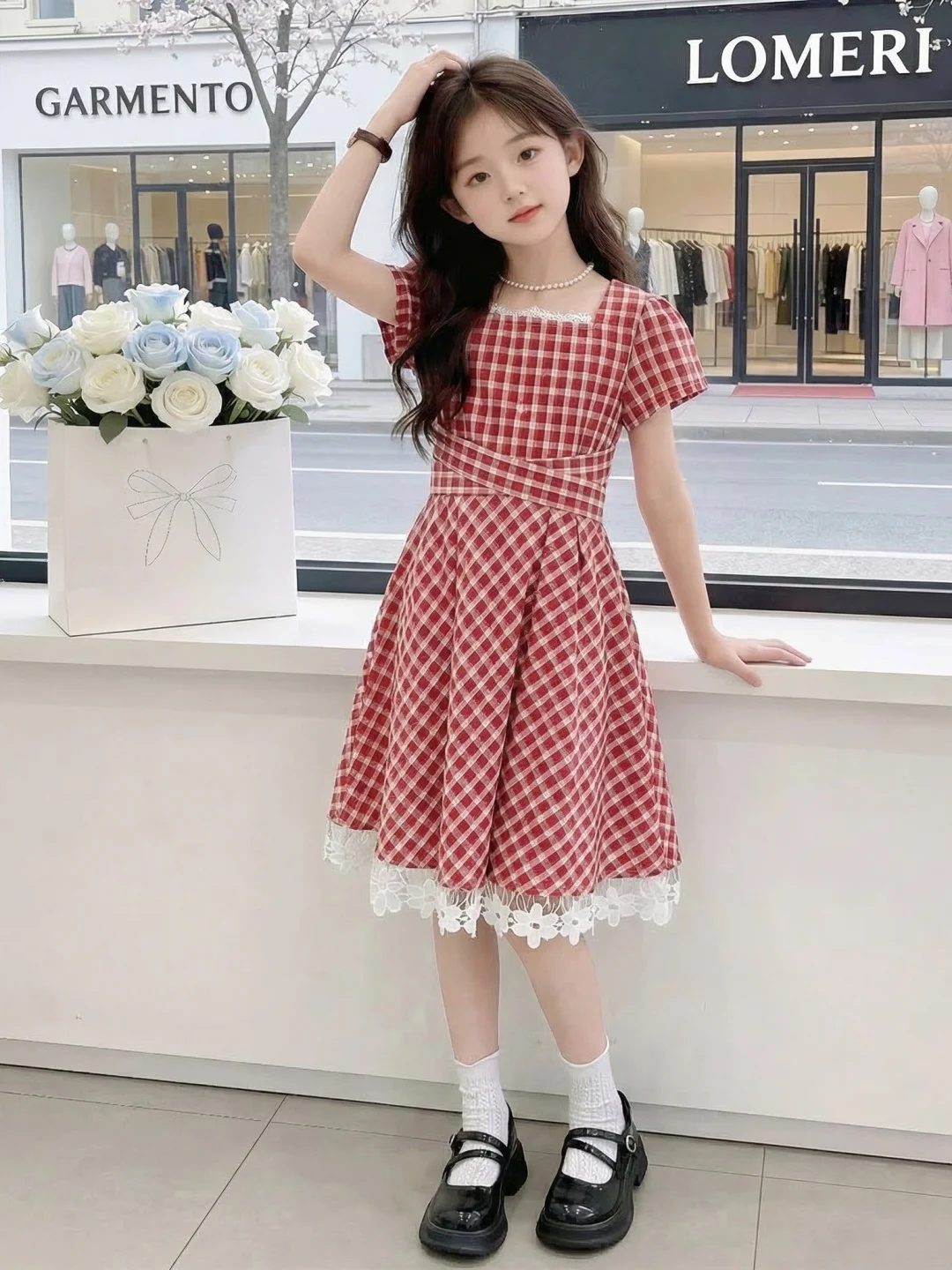 女の子チェック柄ドレス夏半袖赤チェック柄スカート子供服-a-ラインミディドレスソフトレース生地カジュアルウェア
