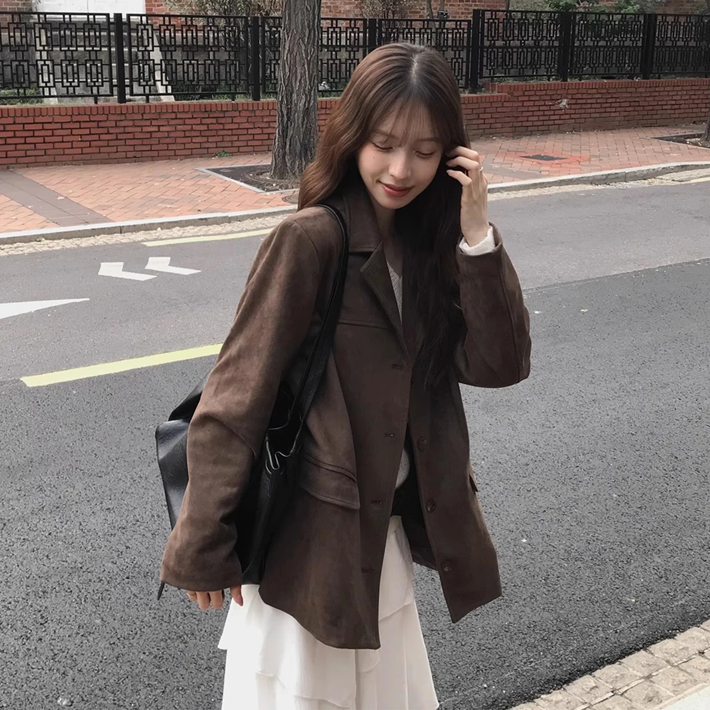 

Retro American Pure Color Suede Jaet Women's Loose Fit Single Button Long Sve Office Wear Autumn New Sle Commute Sle