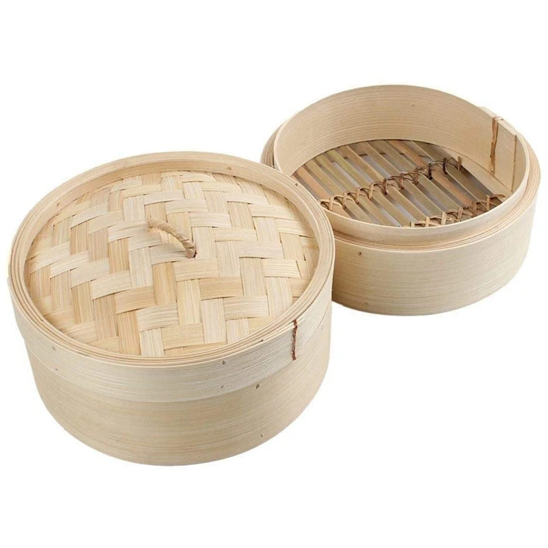 Ensemble de cuiseur à vapeur en bambou avec couvercle, panier Dim Sum, cuiseur à pâtes de riz, panier à vapeur, 2 niveaux, 8 po