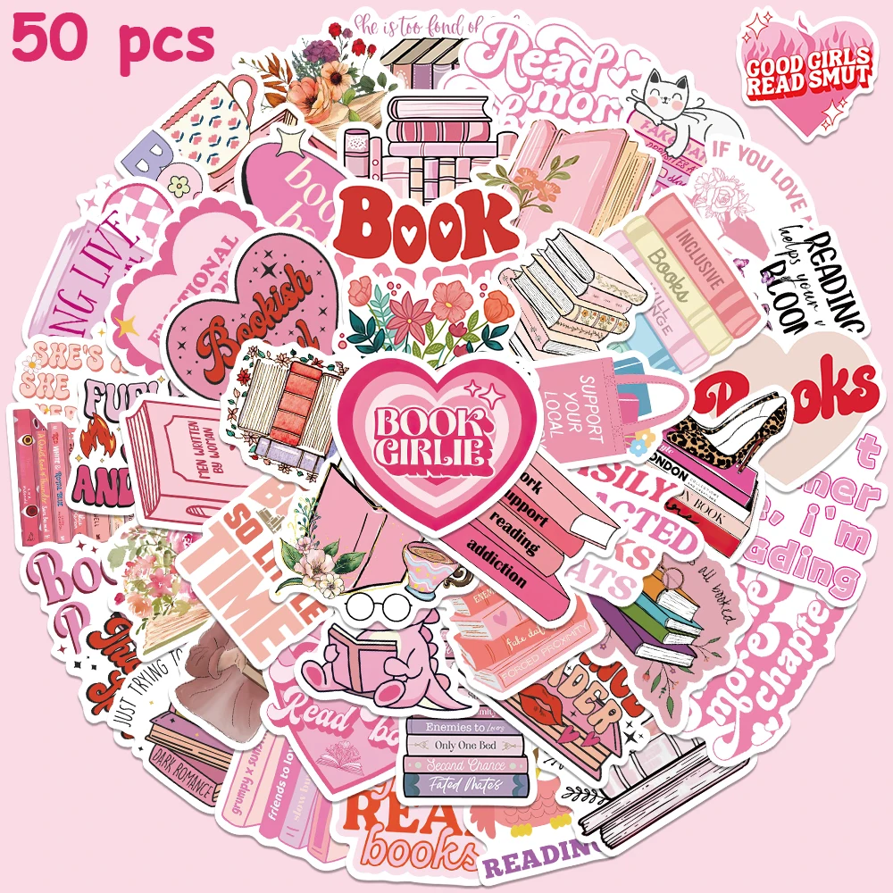 50pcs Pink Bookish Stickers Aesthetic Graffiti Decals For Laptop Luggage Skateboard Scrapbook Vinyl Waterproof Stickers