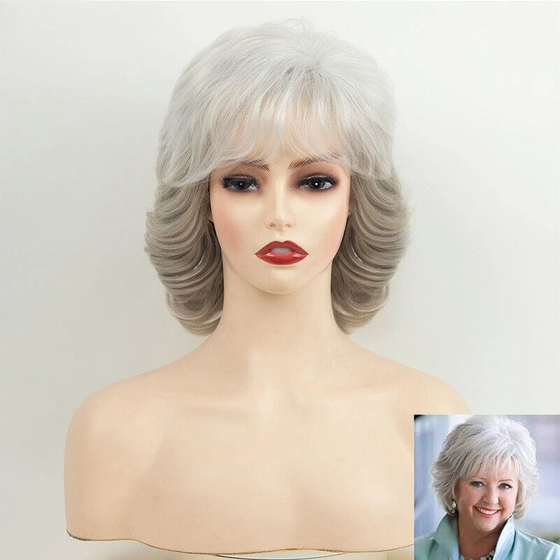 

Medium Curly Silver Wigs For Quinquagenarain Women Synthetic Wigs Senior lady