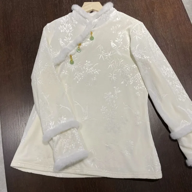 

Новый китайский стиль, осенне-зимний стиль, шерстяные рукава с двойной петлей, круглая нефритовая подвеска, однотонный бархатный топ с орхидеей