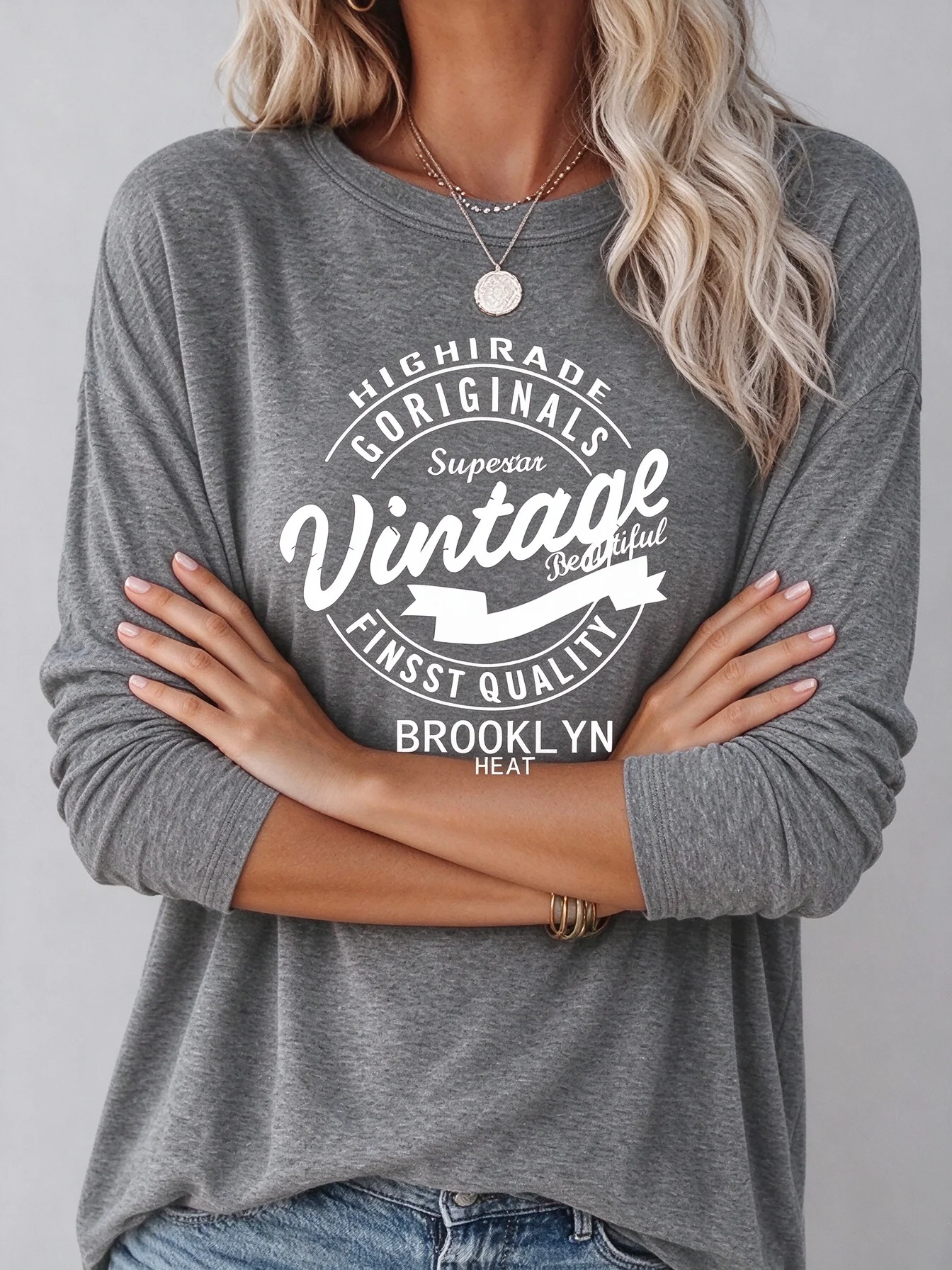 Letter Print Long Sleeve T-Shirt for Women, Round Neck Stretchy Top, Outdoor Style, All Season, Suitable for Daily Casual and Outdoor Activities, Local Warehouse