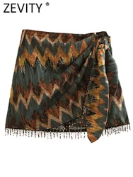 Zevity-Mini Jupe Sarong Nouée à Imprimé Géométrique pour Femme, Vêtement Éducatif, Vintage, Décontracté, avec Pompon et Perles, QUN1436