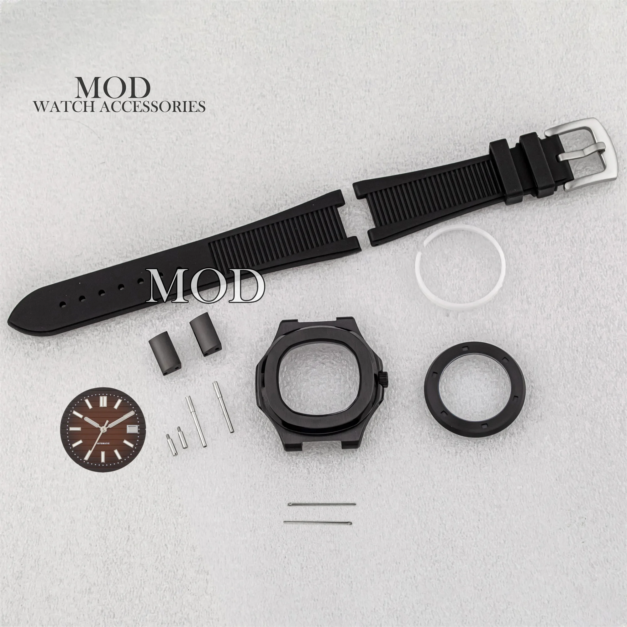 41mm NH35 Case Rubber Bracelet PVD Black Stainless Steel Watch Case Green Luminous Dial Hands Fit Nautilus NH35 Movement Parts