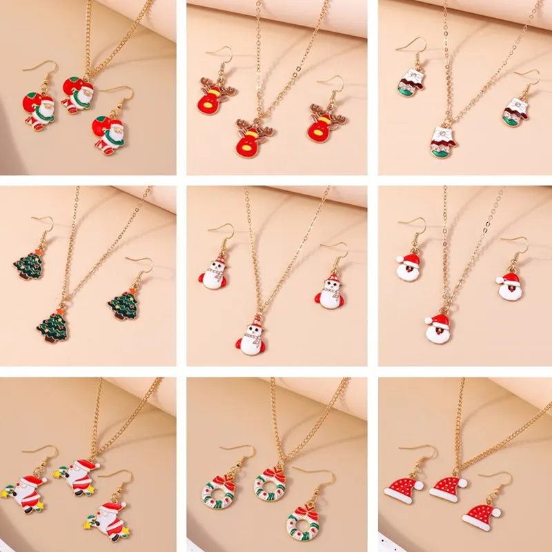 Fashion Merry Christmas Tree Snowman Deer Tree Necklace Earrings Jewelry Set for Women Girls New Year Festival Jewelry Gifts