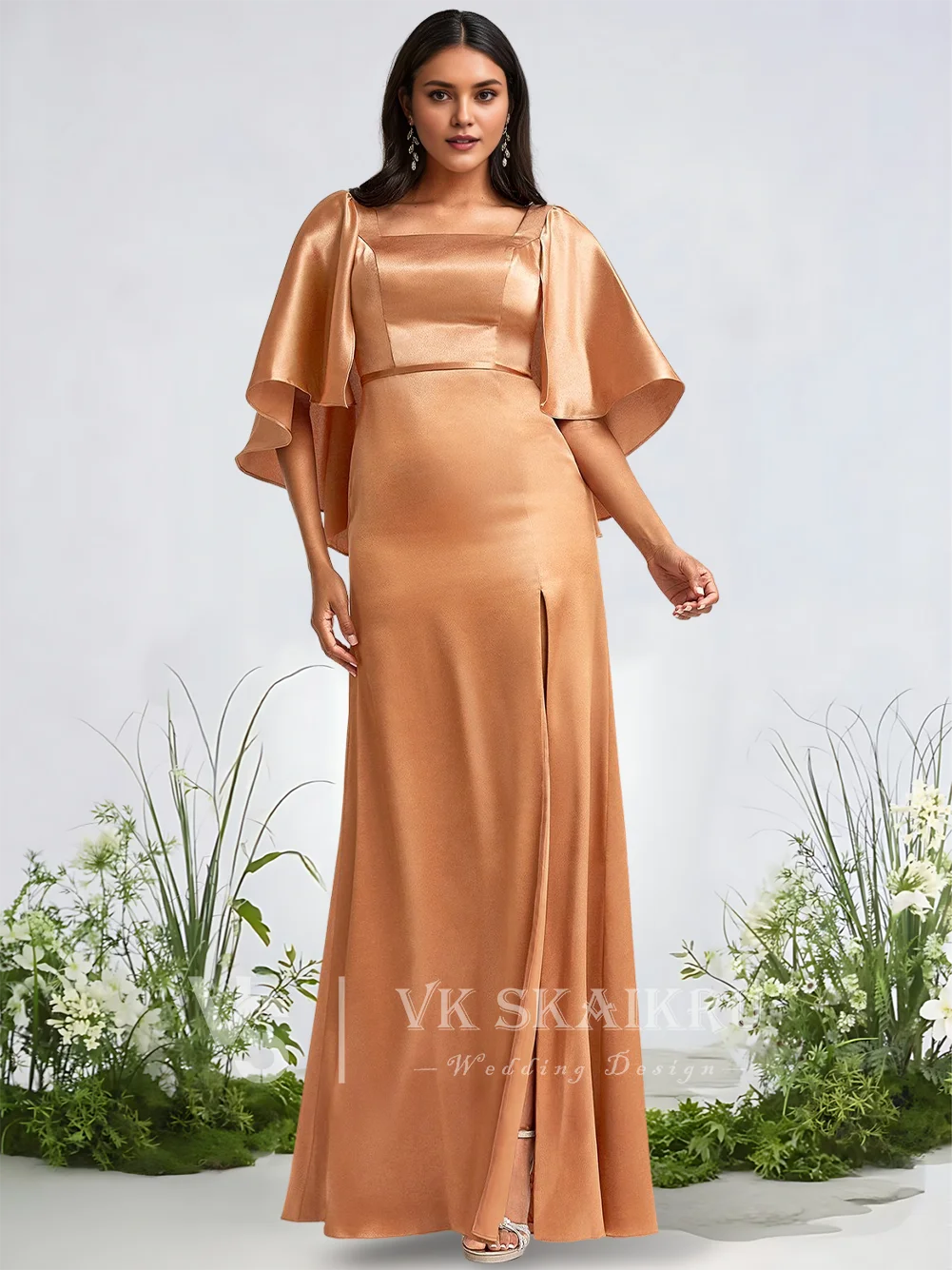 

A Elegant A-Line Square Bridesmaid Dresses Stretch Satin Floor-Length Cape Leg Slit Luxury Wedding Guest Cocktail Dress 2025​