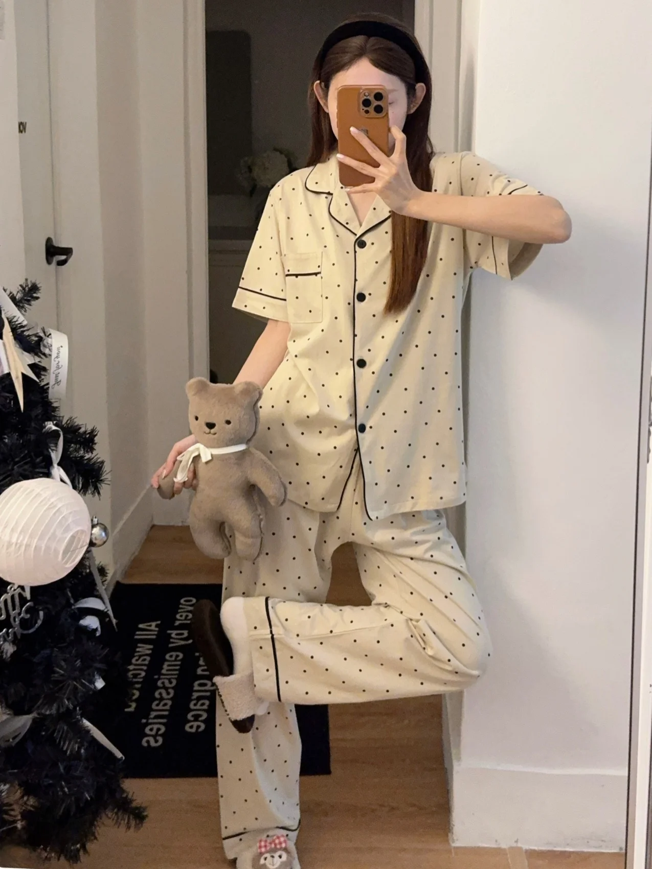 

Летний новый женский комплект домашней одежды из чистого хлопка в горошек, удобный, свободный, можно носить на улице, повседневный стиль, длинные брюки, короткие...