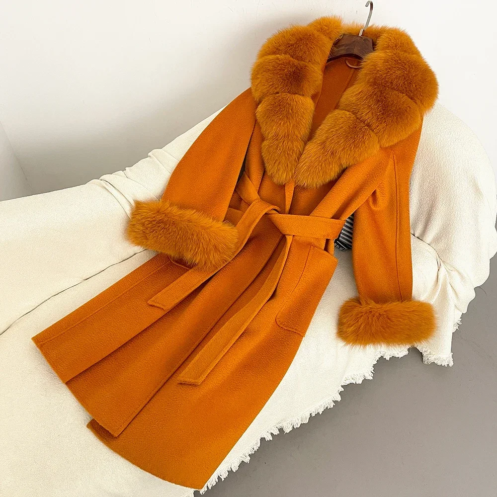 OFTBUY 2024 Wool Coat Woolen Ladies Natural Fox Fur Collar Real Fur Coat Winter Jacket Women Belt Warm Outerwear Streetwear