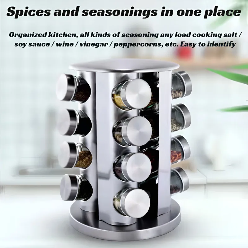 رف توابل من الفولاذ المقاوم للصدأ قابل للدوران للمطبخ المنزلي برطمان توابل وزجاجة توابل ومنظم تخزين وتصميم موفر للمساحة