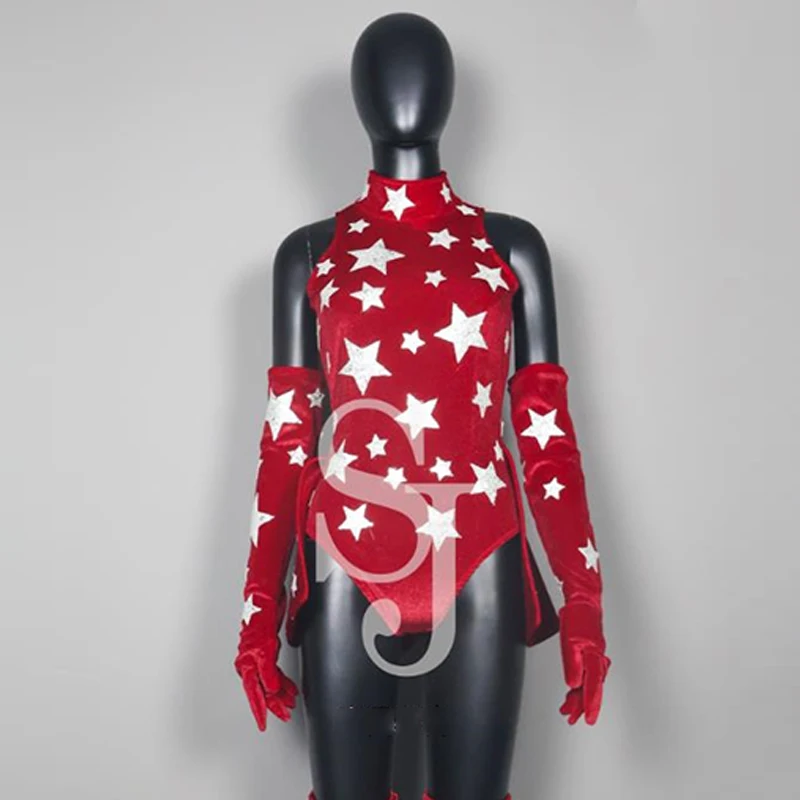 

Red Velvet Bodysuit Pole Dance Costume Silver Star Gogo Dance Clothes Gloves Leg Cover Women Jazz Dance Performance Wear