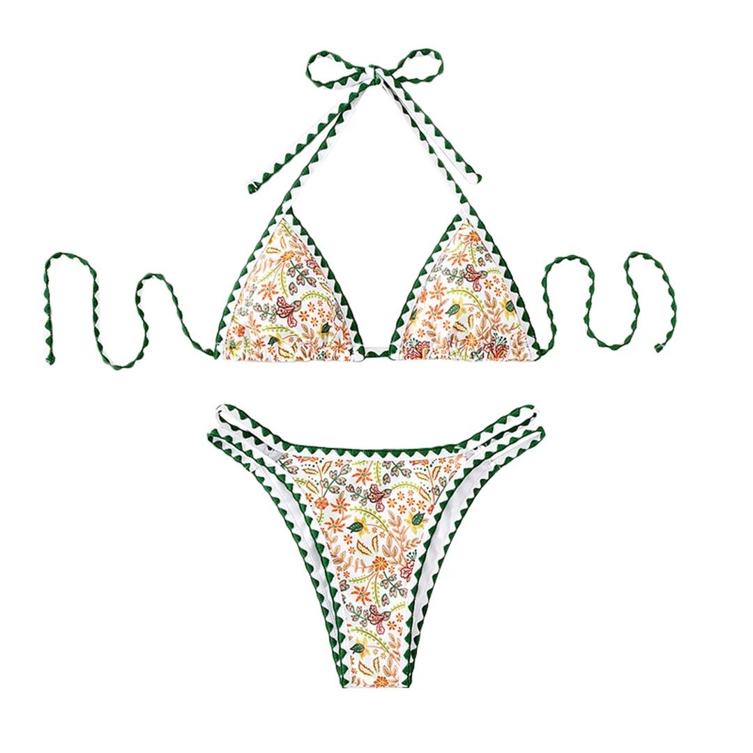 Sexy, mit Blumenmuster versehener, halterneckiger, brasilianischer Bikini, Damen-Badeanzug, zweiteiliges Bikini-Set, Badebekleidung, Badeanzug, Modell V4997. – Detail 12